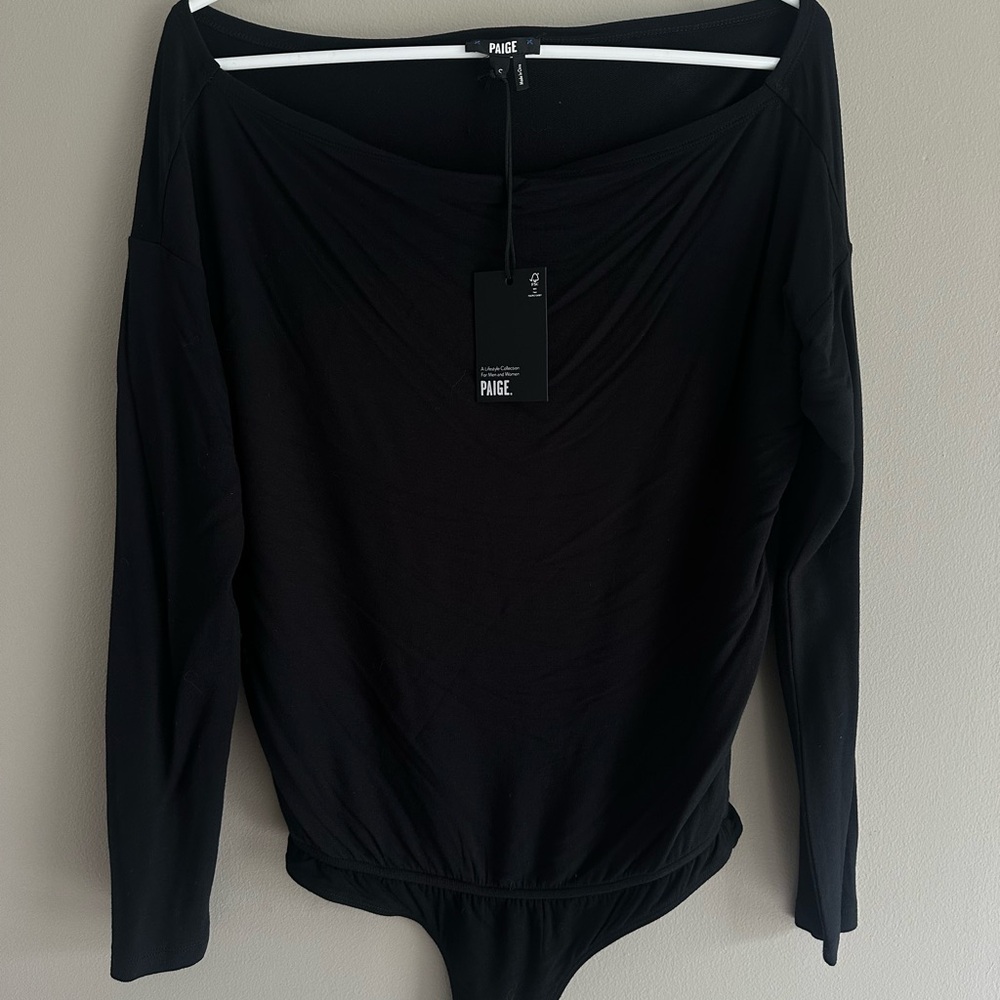 PAIGE Black Draped Long-Sleeve Bodysuit